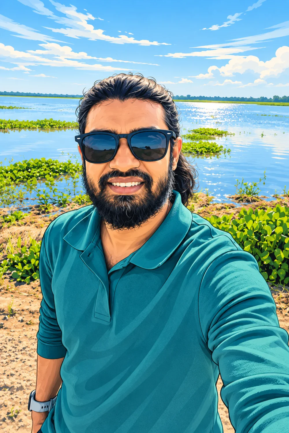 Illustrated selfie of Mahbub in sunglasses by a sunlit lake