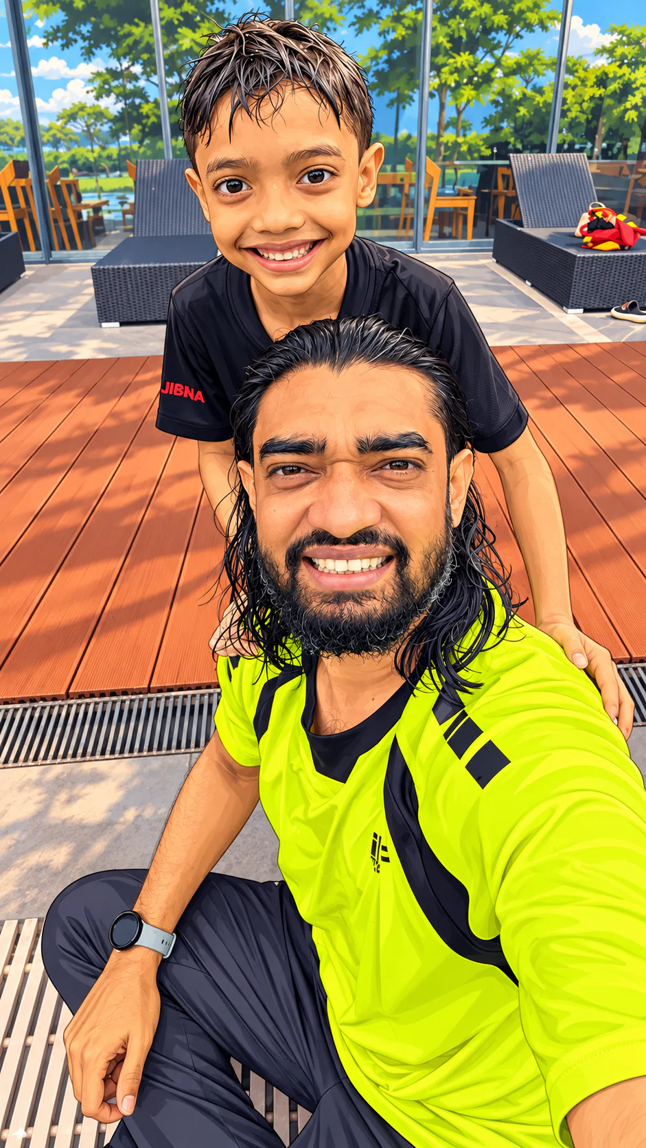 Illustrated selfie of Mahbub and a child smiling together in sportswear